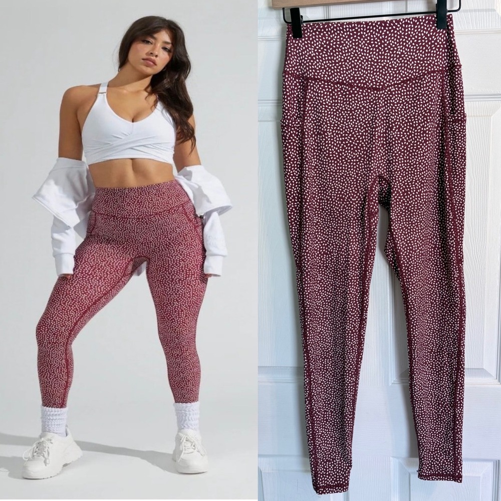 Buffbunny Collection Rosa Pocket Leggings Medium Burgundy White Dotted High Rise